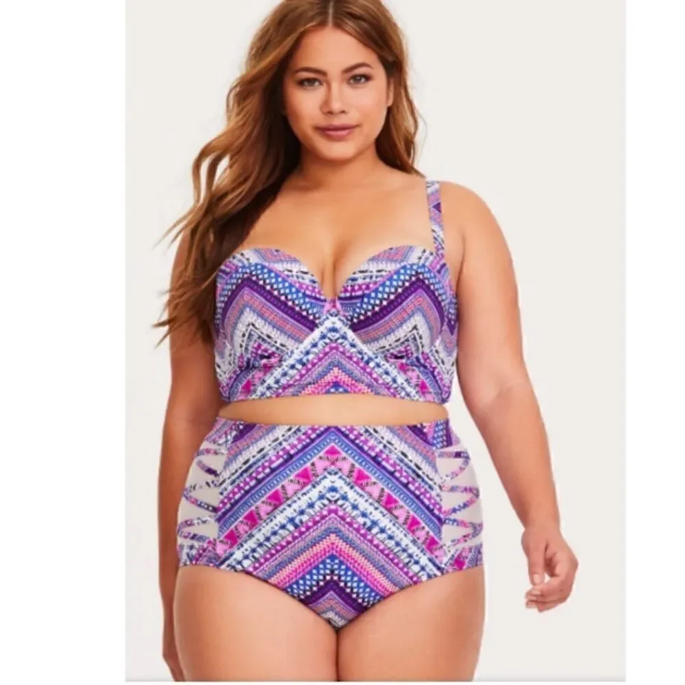 Torrid Pink MULTICOLOR CHEVRON PUSH-UP Mesh inset BIKINI BOTTOMS ONLY sz 4